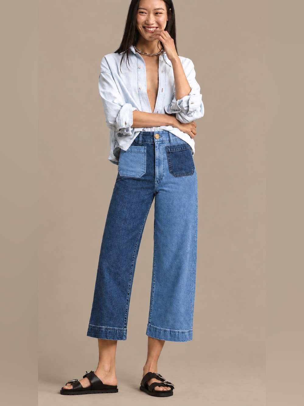 Maeve Anthropologie Colette Patchwork Wide Leg Jeans 28P Two Tone Denim